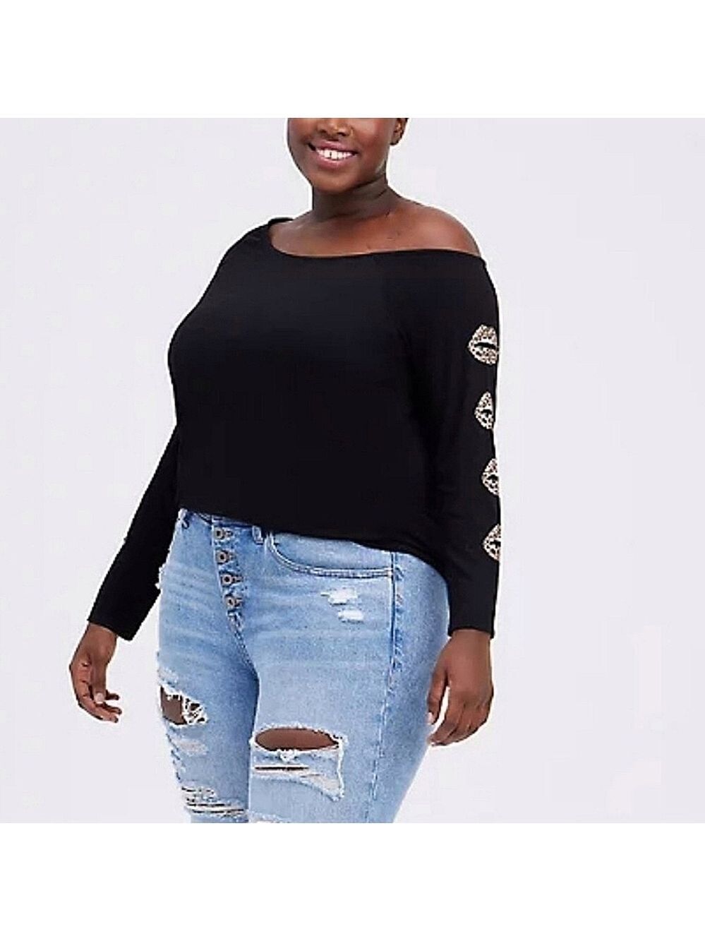 6X - Torrid | OFF-SHOULDER TEE - HERITAGE SLUB LEOPARD LIPS BLACK